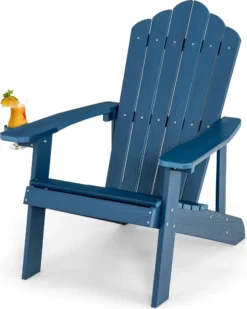 COSTWAY Adirondack Stuhl Mit Getränkehalter, Wetterfester Gartenstuhl, Gartensessel Aus Kunststoff, Outdoor-Stuhl Für Garten, Terrasse, 170 Kg Tragfähigkeit (Navy)