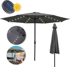 EINFEBEN 3.5m Sonnenschirm Mit LED Solar Marktschirm Mit Handkurbel UV40+ Outdoor-Schirm Terrassen,Grau