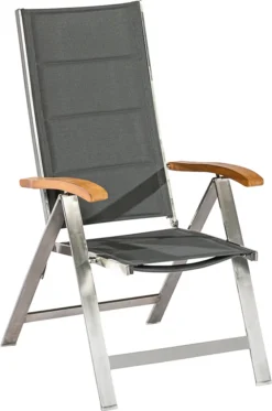 Merxx Klappsessel "Ferrara" - Edelstahlgestell Silber Mit Akazienholz Und Textilbespannung Grau