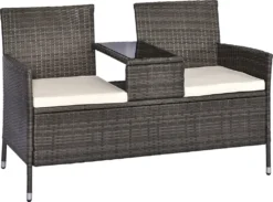 Outsunny Polyrattan Gartenbank Gartensofa Sitzbank Mit Tisch 2-Sitzer Stahl Grau B133 X T63 X H84cm