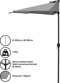 Halbschirm Halb-Sonnenschirm Balkonschirm Marktschirm Kurbelschirm Schirm Halbrund Grau / 230x150cm / 3,5kg / Stahl / Polyester 160g/m² [casa.pro]