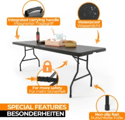 Jago® Klapptisch - 183 Cm Lang, Für 8 Personen, Klappbar, Tragbar, Platzsparend, Outdoor/Indoor, Für Garten, Camping, Bis 150 Kg, Schwarz - Buffettisch, Campingtisch, Koffertisch, Gartentisch -Deutschland Garten Zier Verkaufs-Shop 235bc7ffce104300ebc724e902bd489e