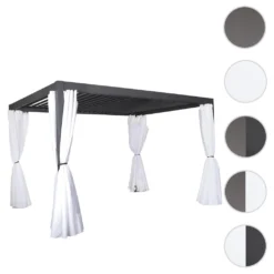 Pergola HWC-J32, Garten Lamellen-Pavillon, 11cm-Alu-Gestell 4x3m Dunkelgrau Mit Seitenwand + Moskitonetz Weiß -Deutschland Garten Zier Verkaufs-Shop 26889f086aedee053a5a81e85bc47035