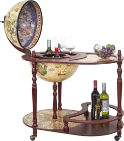 Globusbar Mit Tisch MCW-D84, Minibar Hausbar Tischbar, Weltkugel Ø 42cm Rollbar Eukalyptusholz