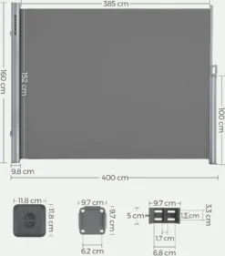 SONGMICS Alu Seitenmarkise, Ausziehbar, 160 X 400 Cm, Aus Polyester (280 G/m²), Markise, Sichtschutz, Sonnenschutz, Blickdicht, Seitenrollo, Für Balkon, Terrasse, Garten, Hellgrau ASG164G03 -Deutschland Garten Zier Verkaufs-Shop 2d4adef8ed5970d1335888e4c9fde2dc