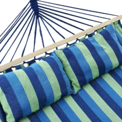 Juskys Hängematte Caracas 230 X 150 Cm In Grün-Blau – Doppelhängematte Aus Baumwolle Für 2 Personen Mit Kissen – Outdoor-Hängematte Bis 300 Kg -Deutschland Garten Zier Verkaufs-Shop 2ea30b6b6fc74ff9e9cc7d5e906b035f