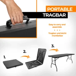 Jago® Klapptisch - 183 Cm Lang, Für 8 Personen, Klappbar, Tragbar, Platzsparend, Outdoor/Indoor, Für Garten, Camping, Bis 150 Kg, Schwarz - Buffettisch, Campingtisch, Koffertisch, Gartentisch -Deutschland Garten Zier Verkaufs-Shop 35132c724198bb5742e67be10992cad1