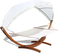 Clanmacy Haengematte Mit Gestell Und Sonnendach, Hammock Aus Wetterfestem Laerchenholz, Bis 200kg, Stabhaengematte Fuer 2 Personen Outdoor Und Indoor