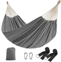 SONGMICS Hängematte, 210 X 150 Cm, Doppelhängematte, Belastbarkeit 300 Kg, Für Garten, Terrasse, Balkon, Outdoor, Camping, Mit Tragetasche, Befestigungsgurten Und Karabinern, Grau