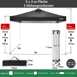 COBIZI Pavillon 3x3m Pop Up Faltpavillon Mit 4 Seitenwänden, Oben Mit Belüftungsloch, Wasserdicht, UV-Schutz 50+ Gartenzelt Partyzelt, Inkl .Tasche, 4 Sandsack, Schwarz -Deutschland Garten Zier Verkaufs-Shop 39bc5a87c0b98d5f772f13c6d27474bc