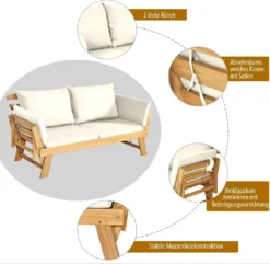 COSTWAY Liegesofa Mit Klappbaren Seitenlehnen, Sonnenliege Sitzbank Akazienholz Mit Auflage, Gartenbank Für Garten Terrasse Innenbereich (Weiß) -Deutschland Garten Zier Verkaufs-Shop 3b529b8925a259b7ddc2e1c2ebdbc1b9