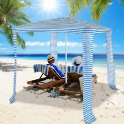 COSTWAY 204x207cm Strandschirm Mit Seitenwand Sonnenschirm Inkl. Tragetasche & 4 Sandsäcke Strandzelt Strandmuschel Sonnenschutz Hellblau