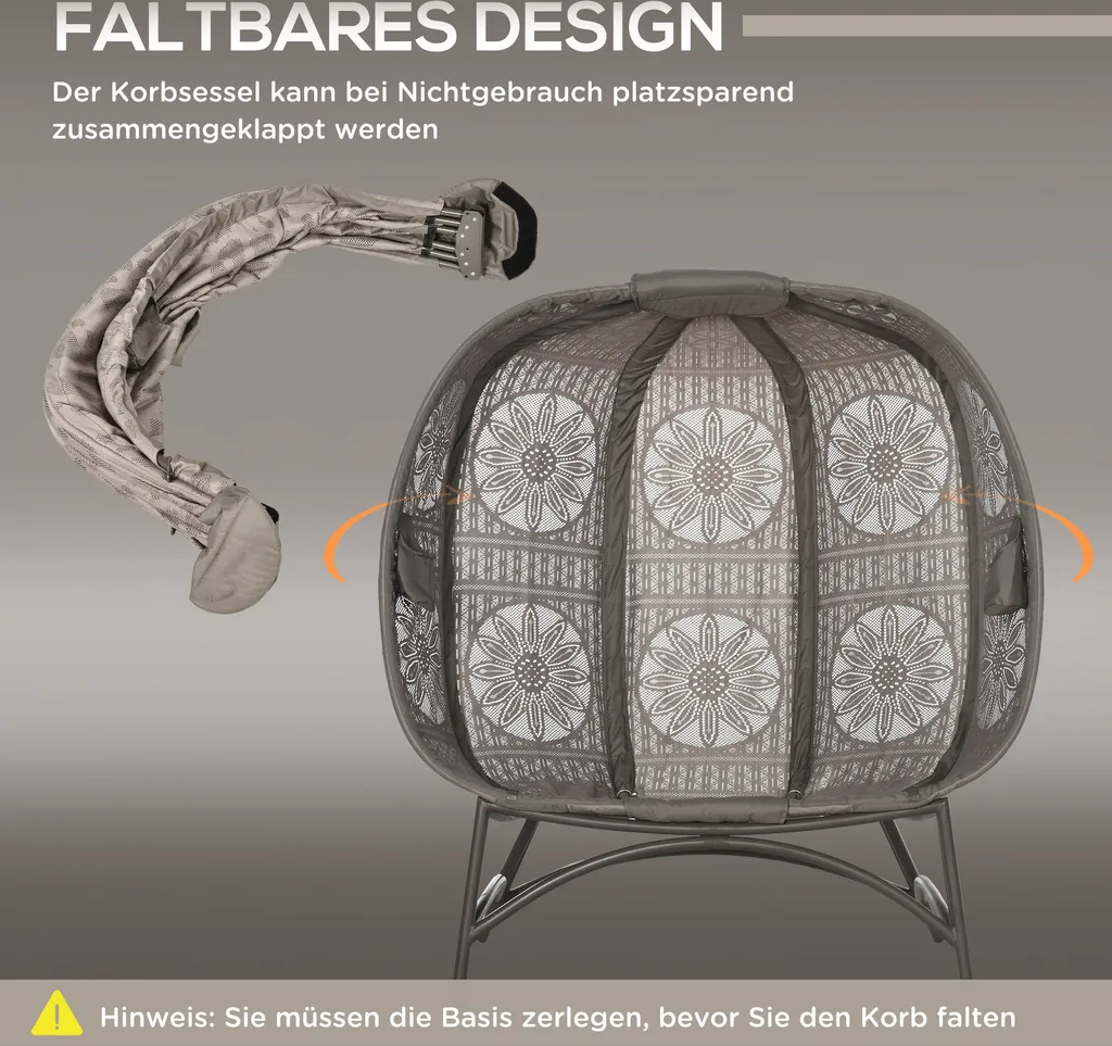 Outsunny Gartenstuhl 2-Sitzer, Korb-Stuhl Mit Faltbarem Korb, Papasansessel Mit Kissen, Loungesessel Für Balkon, Terrasse, Stahl, Sand, 126 X 75 X 142 Cm 6 Outsunny Gartenstuhl 2-Sitzer, Korb-Stuhl Mit Faltbarem Korb, Papasansessel Mit Kissen, Loungesessel Für Balkon, Terrasse, Stahl, Sand, 126 X 75 X 142 Cm – Bild 6