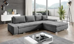 Ecksofa Mit Bettkasten Kastalo - Ecksofa L Mit Schlaffunktion - Samtstoff, Kissen, Couch - Hellgrau (Monolith 84)