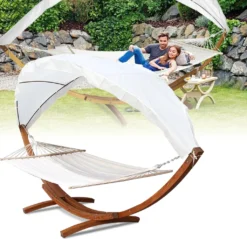 EINFEBEN Hängematte Wetterfestem Hängematten Stabhängematte Outdoor Holz Mit Gestell XXL Garten Hängemattengestell 2 Personen 410cm Gartenliege Liege