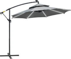 HOMCOM Outsunny Ampelschirm Ø295 Cm LED Solar Sonnenschirm Wasserabweisend Alu Hellgrau