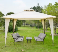 Outsunny Pavillon Partyzelt Mit Doppeldach 3,45x3,45x2,68m Festzelt Gartenlaube Stahl Polyester Beige