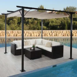 Pergola MCW-C42, Garten Pavillon, Stabiles 6cm-Gestell + Schiebedach Creme 3x3m