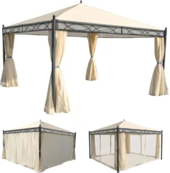 Pergola Calpe, Garten Pavillon, Stabiles 7cm-Gestell Mit Seitenwand + Moskitonetz Creme 4x4m -Deutschland Garten Zier Verkaufs-Shop 5349a735e45ce3d84202bf71e2ddf2d1