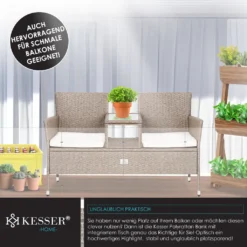 KESSER® Polyrattan Gartenbank 2-Sitzer Bank Mit Integriertem Inkl. Tisch & Kissen - 133 × 63 × 84 Cm - Rattan Sitzbank Garten Balkon Gartensofa Wetterfest Sitzgruppe Ultra Stabile, Farbe:Grau -Deutschland Garten Zier Verkaufs-Shop 556bfe6760831415d009abfe9958c5c7