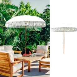 Sonnenschirm Bali 180cm Sonnenschutz Mangoholz Baumwolle Fransen Schirm Gartenschirm Dekoschirm