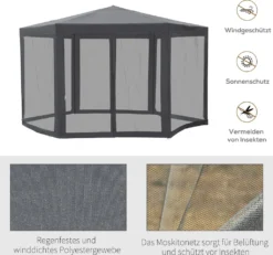 Outsunny Pavillon Gartenpavillon Mit Moskitonetz Partyzelt Gartenzelt Festzelt Zelt 6-eckig Polyester+Metall Grau 390x390x250cm -Deutschland Garten Zier Verkaufs-Shop 56a224135534dece3d39196cfaf49cea