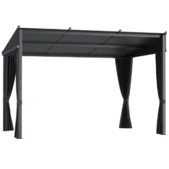 Outsunny Pergola, 3,65 X 2,55 M Pavillon, Terrassenüberdachung Mit Schiebedach, Gartenpavillon Mit Vorhängen, Für Garten, Hof, Alu+Metall, Dunkelgrau