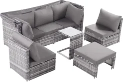 Merax Gartenmöbelset Polyrattan Mit Sonnendach Und Kissen Für 5 Personen, Loungeset Balkonmöbel Set Mit 3-Sitzer Sofa Inkl. Dach, 2x Einzelsessel, 1x Ottoman, 1x Tisch, 194 X 128 X 157 Cm -Deutschland Garten Zier Verkaufs-Shop 61317bc14d38370ebb0925b024fcd89d