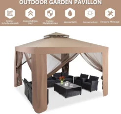COSTWAY Gartenpavillon Partyzelt Mit 4 Seitenwänden Reißverschluss Und Moskitonetz 300x300x265cm Kaffee -Deutschland Garten Zier Verkaufs-Shop 64b812eee92fd6a5cddbe26e9a315279