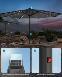 SONGMICS Sonnenschirm 300 Cm Mit LED-Solar-Beleuchtung, 32 LED-Lämpchen, UV-Schutz UPF 50+, Beidseitig Um 30° Knickbar, Ohne Ständer, Grau GPU33GY -Deutschland Garten Zier Verkaufs-Shop 684e1be7593af0b8996c53287c4bf8fe