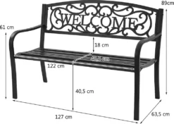 COSTWAY Gartenbank Parkbank Mit Welcome, 3 Sitzer Metallbank Gusseisen, Eisenbank Stahlrahmen, Sitzbank Belastbar Bis 320kg, Ruhebank Mit Rückenlehnen (Welcome-Schwarz) -Deutschland Garten Zier Verkaufs-Shop 69b255599887dd14654c58057d5e2f26