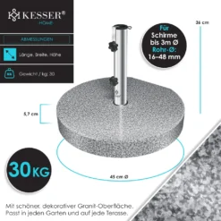 KESSER® Granit Sonnenschirmständer Mit Edelstahlrohr, Hochwertiger Schirmständer Sockel 25KG - Für Schirmstöcke Bis 16-48 Mm, Inkl. Transport Griff Garten Balkonschirmständer, Farbe:Grau, Größe:Rund -Deutschland Garten Zier Verkaufs-Shop 6b997a784ecb553e6c1244c8ccf2b0dd