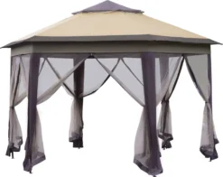 Outsunny Gartenpavillon Faltpavillon 4 X 4 M Pop-Up-Zelt Partyzelt Inkl. Tragetasche 6 Seitenteile Doppeldach Sechseckig Braun+Beige