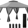 Outsunny Faltpavillon 4 X 4 M, Gartenpavillon Mit 4 Netzwänden, Pop-Up-Zelt Mit UV-Schutz, Partyzelt Mit Doppeldach, Tragetasche, Für Balkon, Campingplatz, Dunkelgrau