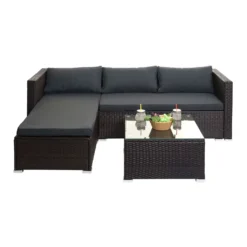 Poly-Rattan Garnitur HWC-F57, Balkon-/Garten-/Lounge-Set Sofa Sitzgruppe Braun, Kissen Dunkelgrau Ohne Deko-Kissen