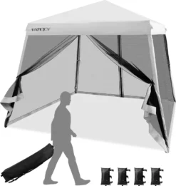 COSTWAY 3x3 M Pop Up Pavillon Mit Moskitonetz Und Sandsäcke, Faltpavillon Faltbar, UV-Schutz 50+, Gartenzelt Partyzelt Stabil, Gartenpavillon Für Garten, Inkl. Rolltasche (Weiß)