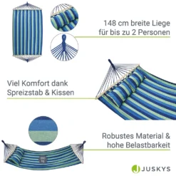 Juskys Hängematte Caracas 230 X 150 Cm In Grün-Blau – Doppelhängematte Aus Baumwolle Für 2 Personen Mit Kissen – Outdoor-Hängematte Bis 300 Kg -Deutschland Garten Zier Verkaufs-Shop 82308d219107d41799027f22e0220680