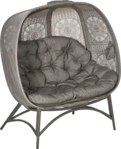 Outsunny Gartenstuhl 2-Sitzer, Korb-Stuhl Mit Faltbarem Korb, Papasansessel Mit Kissen, Loungesessel Für Balkon, Terrasse, Stahl, Sand, 126 X 75 X 142 Cm