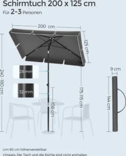SONGMICS Sonnenschirm 200 X 125 Cm, UPF 50+, Sonnenschutz, Beidseitig Um 30° Knickbar, Höhenverstellbar, Mit Aufbewahrungstasche, Grau GPU25GY -Deutschland Garten Zier Verkaufs-Shop 8b20958144550e00a0f62249b7c95a63