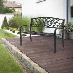 ECD Germany Gartenbank Mit Armlehnen & Rückenlehne Mit Muster, Schwarz, Aus Stahl Und Gusseisen, Wetterfeste Terrassenbank, Metallbank Für Garten Terrasse -Deutschland Garten Zier Verkaufs-Shop 8ebd66a3b88195cf16562fc888c388ec