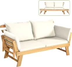 COSTWAY Liegesofa Mit Klappbaren Seitenlehnen, Sonnenliege Sitzbank Akazienholz Mit Auflage, Gartenbank Für Garten Terrasse Innenbereich (Weiß)