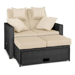 Blumfeldt Komfortzone - Gartensofa , Terrassen-Sofa , Rattan-Sofa , 2 Personen , Sitzpolster , Stabiles Stahlrohr , Ausziehbarer Fußteil , Klappbare Rückenlehne , Bis 200 Kg , Inkl. 2 X Kissen , Grau -Deutschland Garten Zier Verkaufs-Shop 996b0b0337bc20966f23842bfd210f39