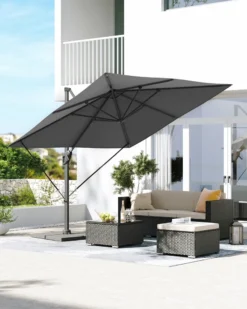 SONGMICS Sonnenschirm 290 X 290 Cm, UV-Schutz UPF 50+, Um 360° Drehbar, Mit Ständer, Befestigungsgurten Und Abdeckung, Rauchgrau GPU039G01
