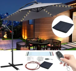 EINFEBEN 3.5m Sonnenschirm Sonnenschirme Gartenschirm Mit LED Solar Ampelschirm Pavillon Kurbelsonnenschirm Alu,Grau,3.5m