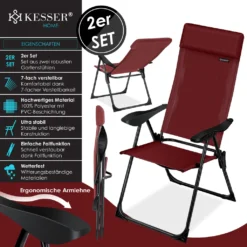 KESSER® 2er Set Gartenstuhl Hochlehner Alu Klappstuhl 7-Fach Verstellbar Mit Armlehnen Atmungsaktiv Klappbar Campingstuhl Balkonstuhl Klappsessel Garten Terrasse, Farbe:Bordeaux -Deutschland Garten Zier Verkaufs-Shop 9bca243fa937f2d21206091b70665048