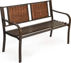 COSTWAY Gartenbank Parkbank Mit Rattan Rückenlehne & Geschwungener Armlehne 228kg Brlastbar