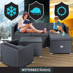 KESSER® Polyrattan Lounge Aruba – Gartenlounge Für 4-5 Personen Gartenmöbel-Set Sitzgruppe Aus 3er Gartensofa, Sessel, Hocker Und Beistelltisch Mit Sitzkissen - Für Garten, Terrasse Und Balkon, Farbe:Anthrazit -Deutschland Garten Zier Verkaufs-Shop 9d2624f91a6a0e23a497019d3ef7b395
