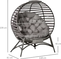 Outsunny Papasansessel Gartenstuhl 2 Sitzer Korb-Stuhl Mit Kissen Oval Loungesessel Korb Faltbar Balkon Terrasse Outdoor/Indoor Sandbraun Stahl 118 X 75 X 139 Cm