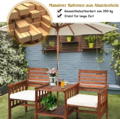 COSTWAY Gartenbank Holz Mit Doppelsitz Und Beistelltisch, Holzbank Bis 350kg Sitzbank Inkl. Kissen & Schirmloch, Terrassenbank Für Balkon, Garten, Veranda -Deutschland Garten Zier Verkaufs-Shop a4fb3f6fa1183a31ddf7e0d62097093a