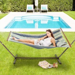VITA5 Hängematte Outdoor - Hängematte Mit Gestell Für Den Garten, Pool & Balkon - Großzügige Hängematte 2 Personen - Doppelhängematte Mit Ständer - 200kg Belastbarkeit (Dunkergrün/Blau) -Deutschland Garten Zier Verkaufs-Shop a947f6b236f3725f57cc5219f1b94878